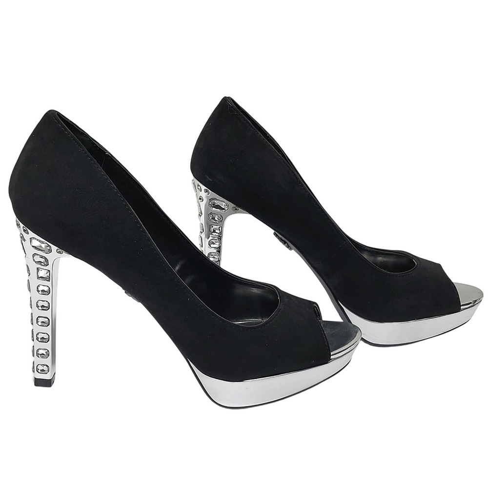 Simply Vera Wang Black Peep Toe Platform Pump Crystal Heel Silver Accent 8.5